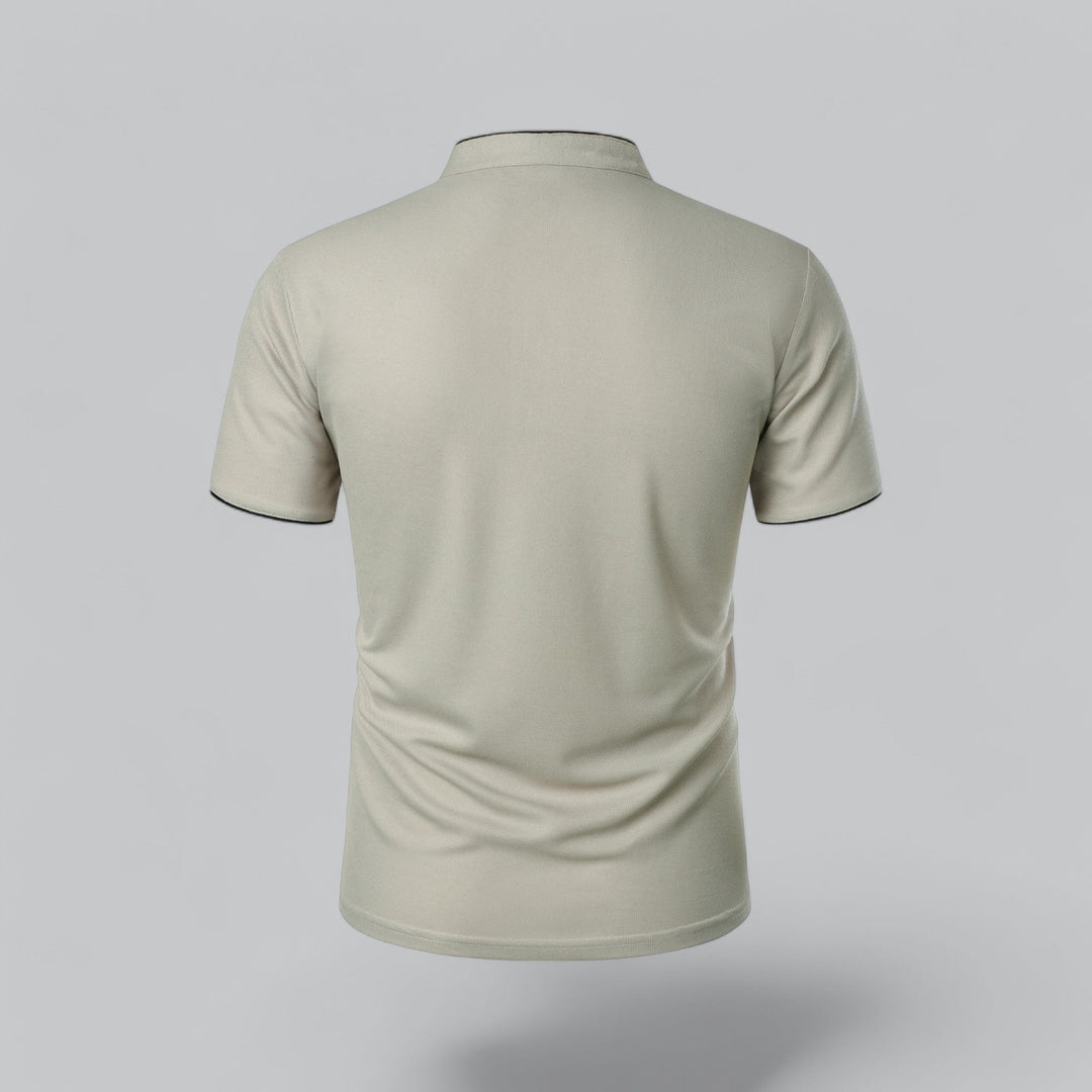 Light beige collarless polo shirt with short sleeves, black piping, and buttoned placket