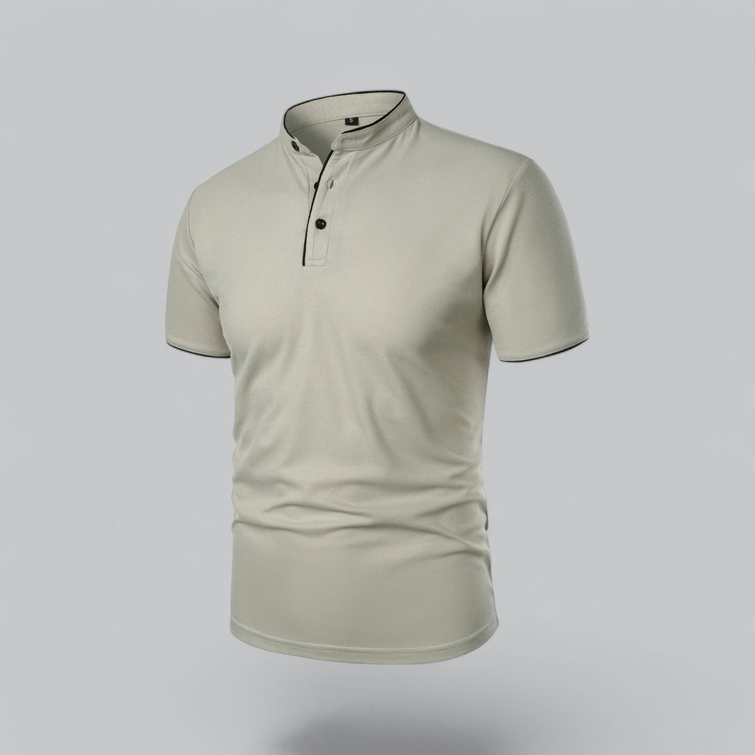 Back view of light beige short sleeve polo shirt with collarless neck and fitted hem