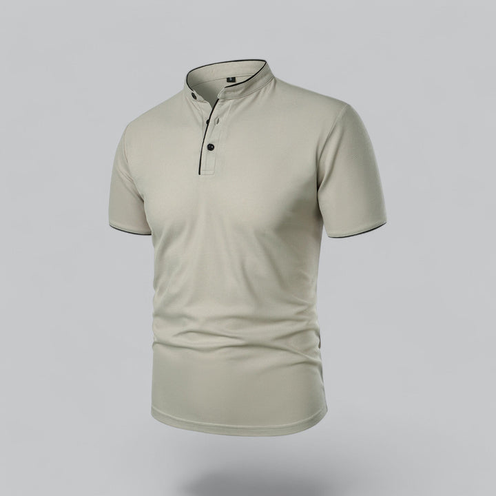 Back view of light beige short sleeve polo shirt with collarless neck and fitted hem