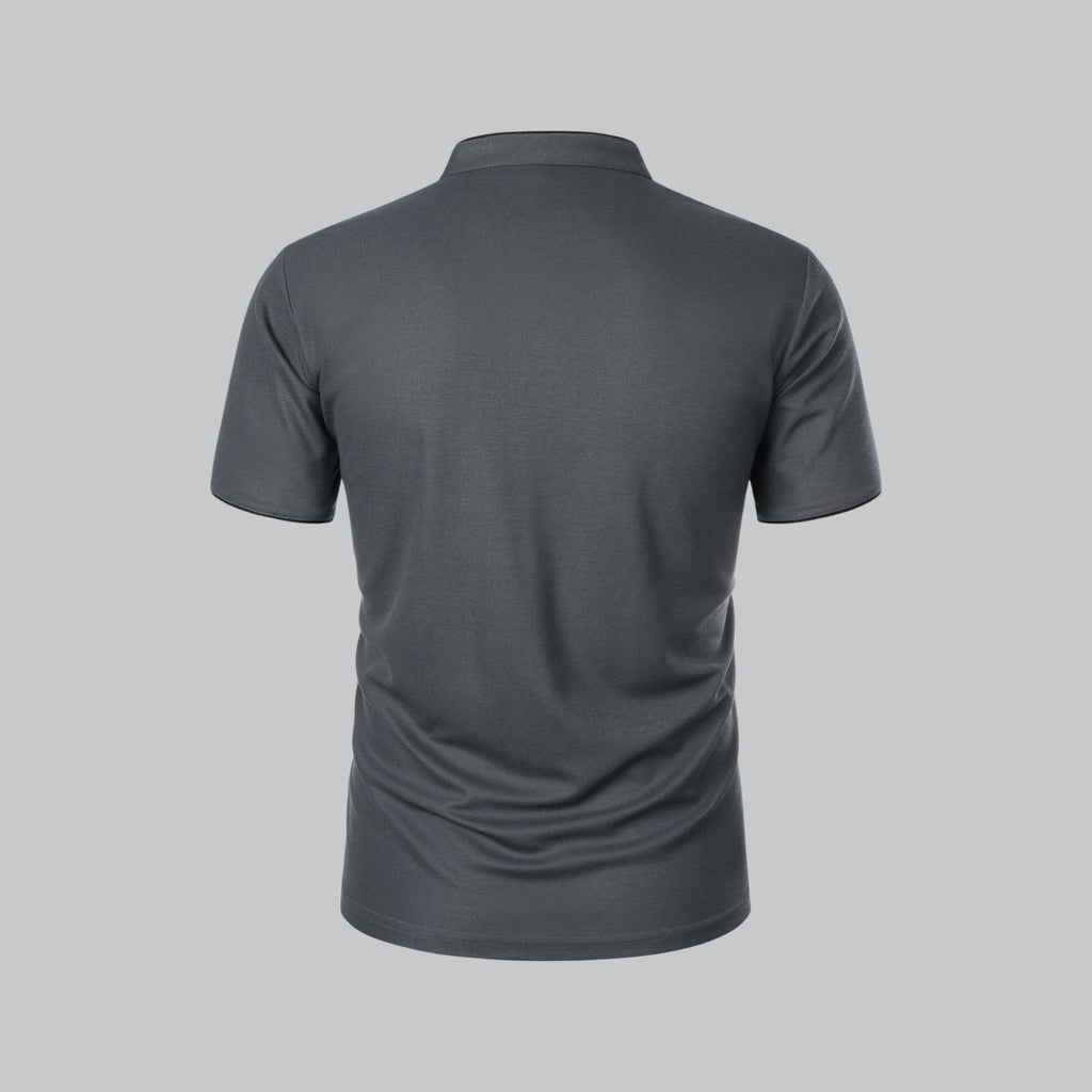 Charcoal gray collarless short sleeve polo shirt with button placket and subtle textured finish