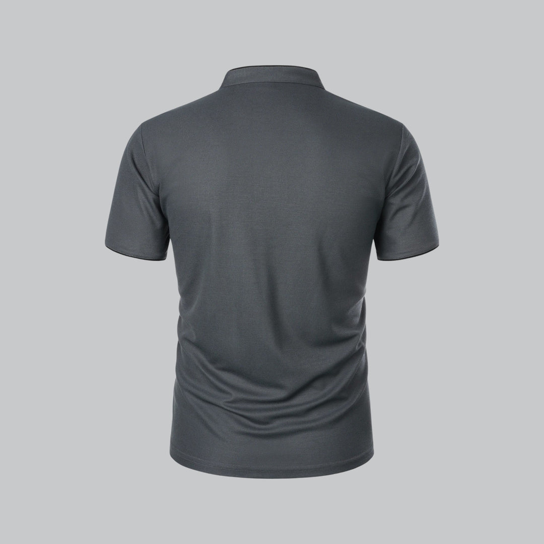 Charcoal gray collarless short sleeve polo shirt with button placket and subtle textured finish