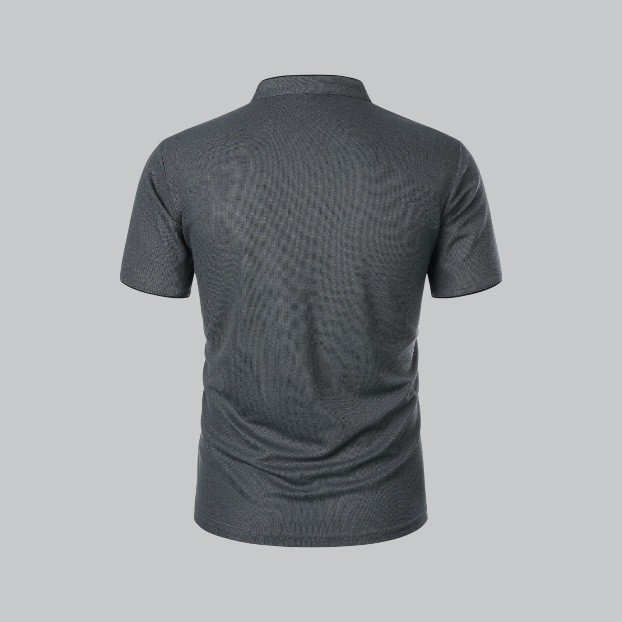 Charcoal gray collarless short sleeve polo shirt with button placket and subtle textured finish