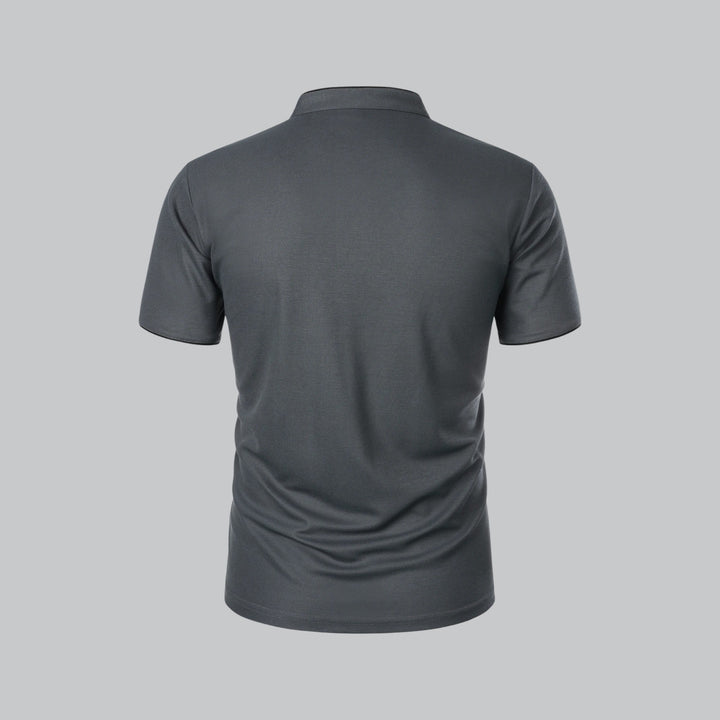 Charcoal gray collarless short sleeve polo shirt with button placket and subtle textured finish