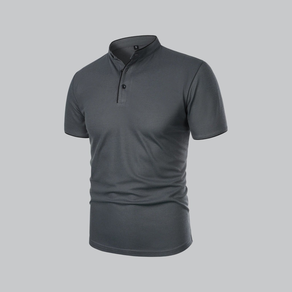 Back view of charcoal gray polo shirt with short sleeves and clean collarless design