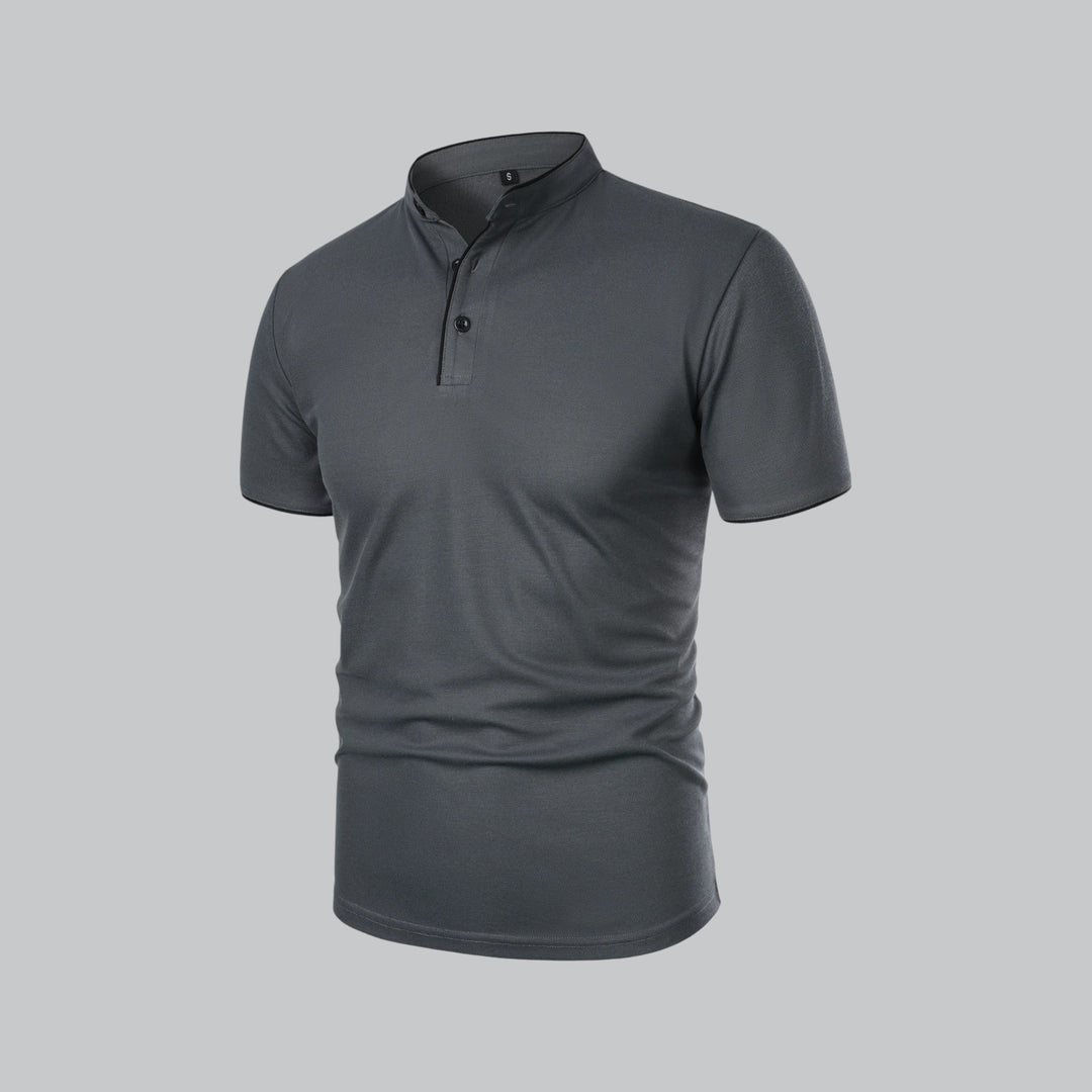 Back view of charcoal gray polo shirt with short sleeves and clean collarless design