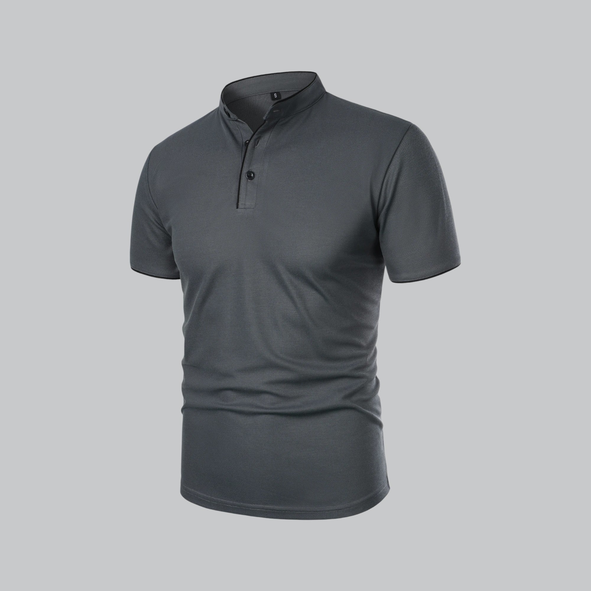 Back view of charcoal gray polo shirt with short sleeves and clean collarless design