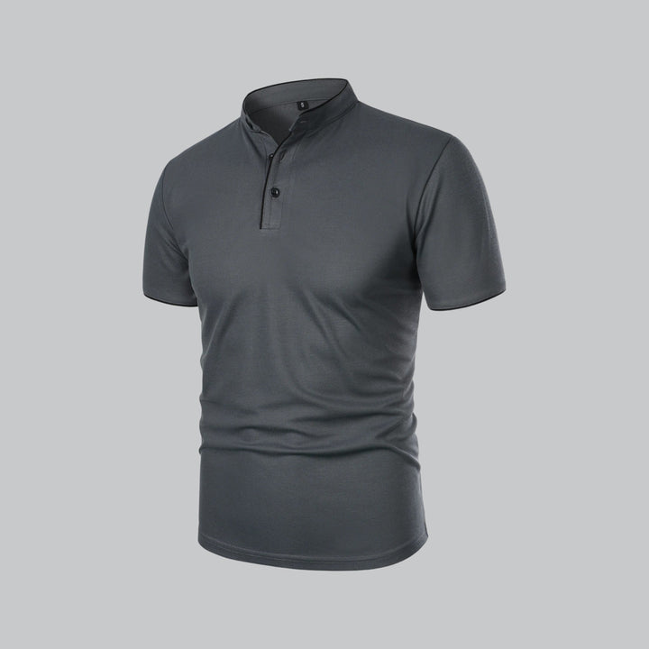 Back view of charcoal gray polo shirt with short sleeves and clean collarless design