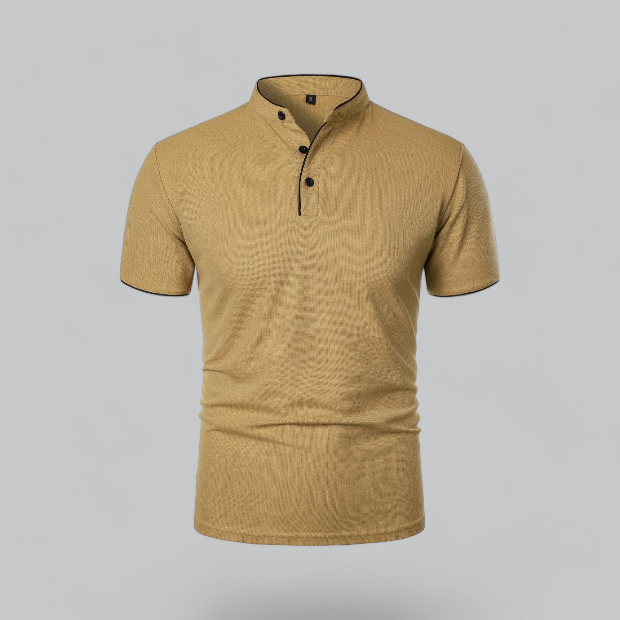 Mustard yellow collarless short sleeve polo shirt with black trim and three-button placket