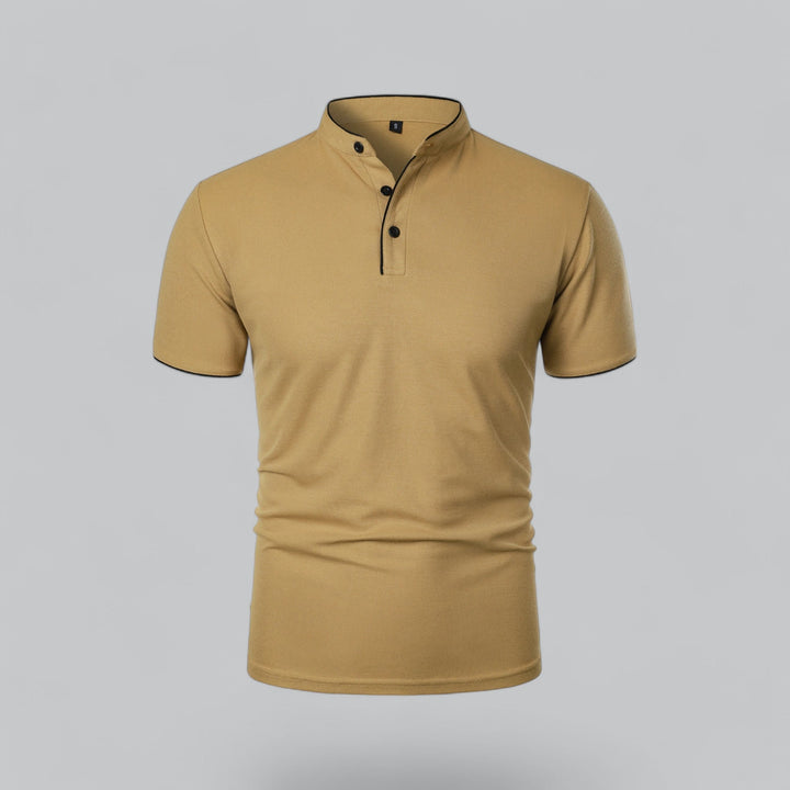 Mustard yellow collarless short sleeve polo shirt with black trim and three-button placket