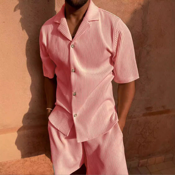 Pink corduroy short sleeve shirt set with button front and matching ribbed shorts