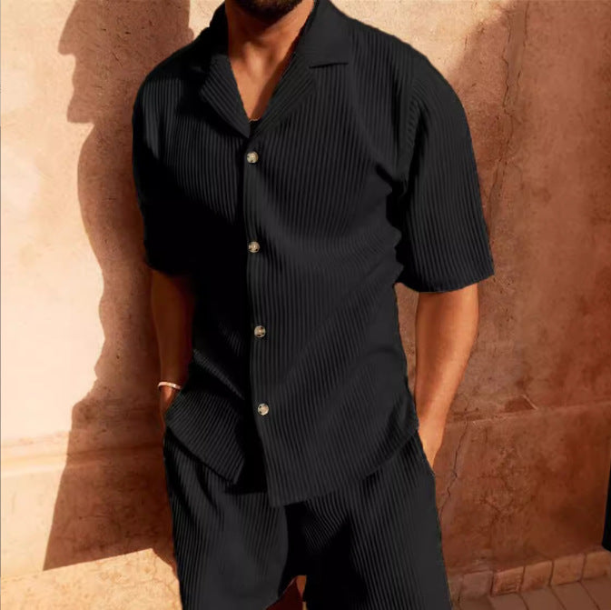 Black corduroy shirt and shorts set for men with short sleeves and textured ribbed fabric