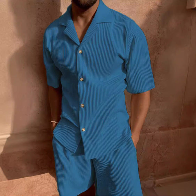 Blue corduroy short sleeve shirt and shorts set with vertical stripes and button closure