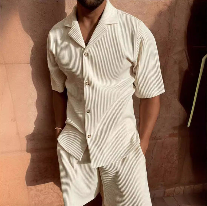 Cream corduroy short sleeve shirt and matching shorts set with vertical ribbed texture