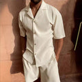 Cream corduroy short sleeve shirt and matching shorts set with vertical ribbed texture