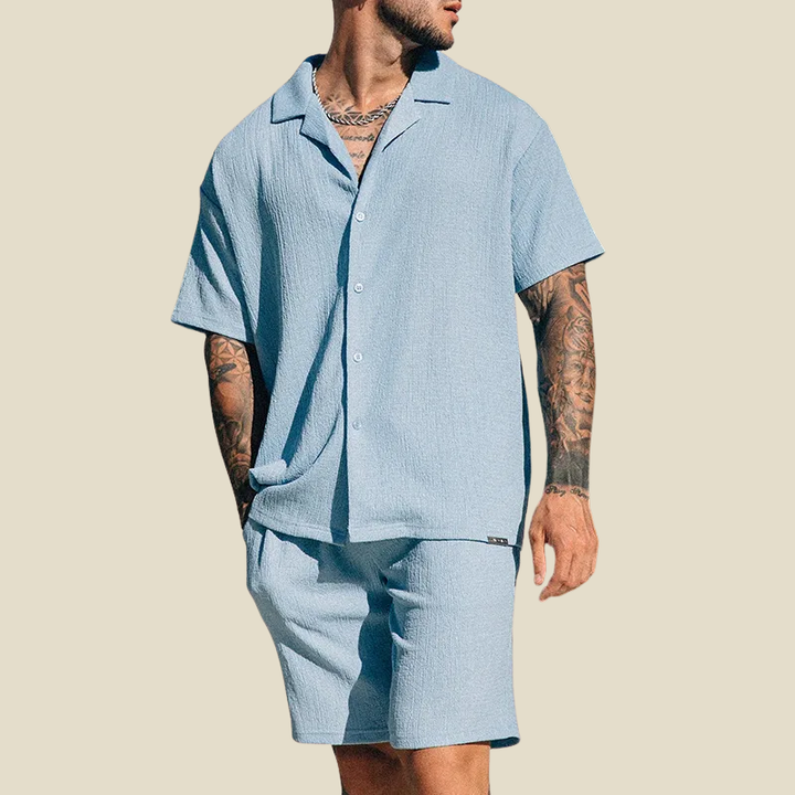 Light blue crinkle camp collar short sleeve shirt with matching shorts set for men