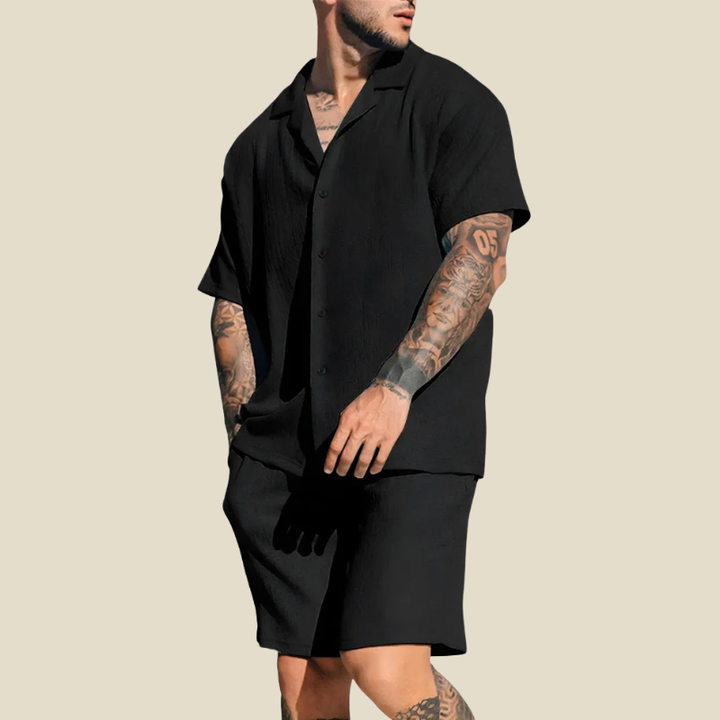 Black crinkle camp collar short sleeve shirt and matching shorts set for men