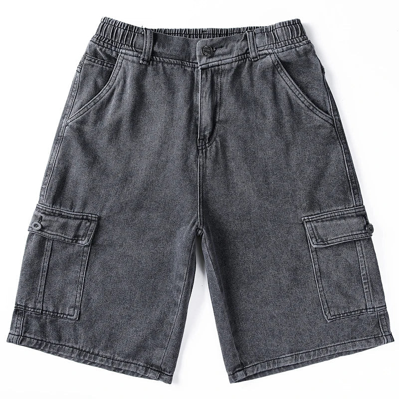 Rear view of black denim cargo shorts for men with knee length fit and side flap pockets