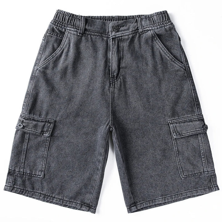 Rear view of black denim cargo shorts for men with knee length fit and side flap pockets