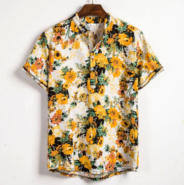 White floral short sleeve shirt with yellow flowers and mandarin collar for men