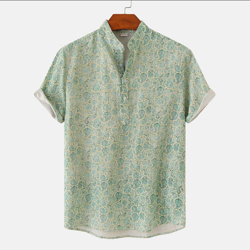 Light green patterned short sleeve mandarin collar shirt with rolled sleeve cuffs