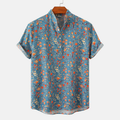 Blue floral short sleeve mandarin collar shirt with rolled cuffs and button placket