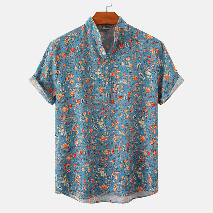 Blue floral short sleeve mandarin collar shirt with rolled cuffs and button placket