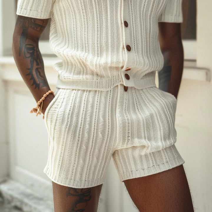 Cream textured knit shorts set with button front shirt and relaxed fit shorts