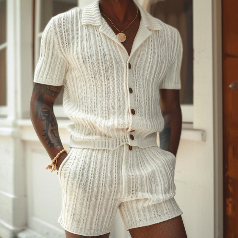 Cream knit button front shirt and shorts set with short sleeves and ribbed texture