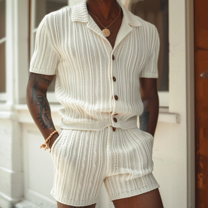 Cream knit button front shirt and shorts set with short sleeves and ribbed texture