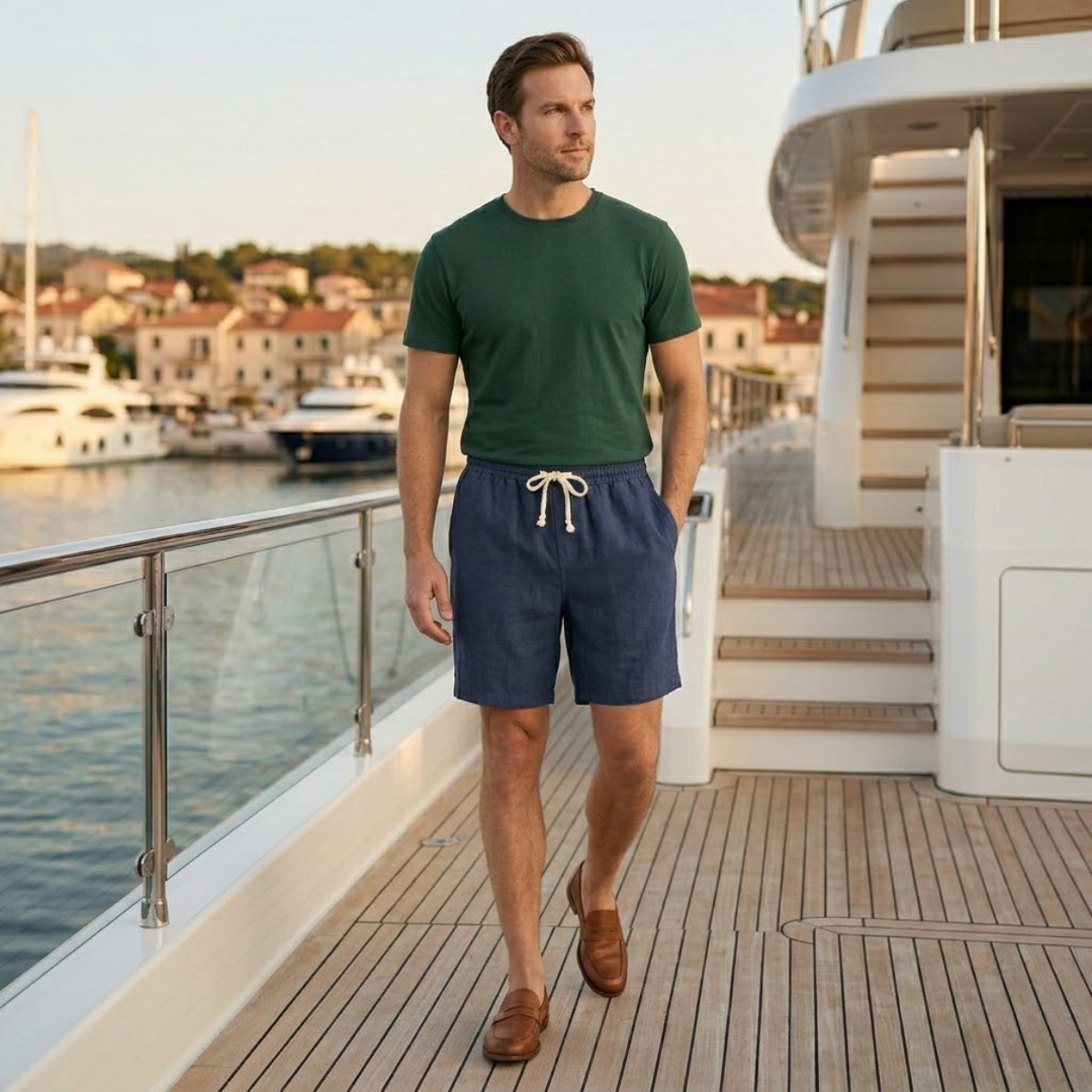Blue linen beach shorts worn on yacht deck with drawstring waist and pockets