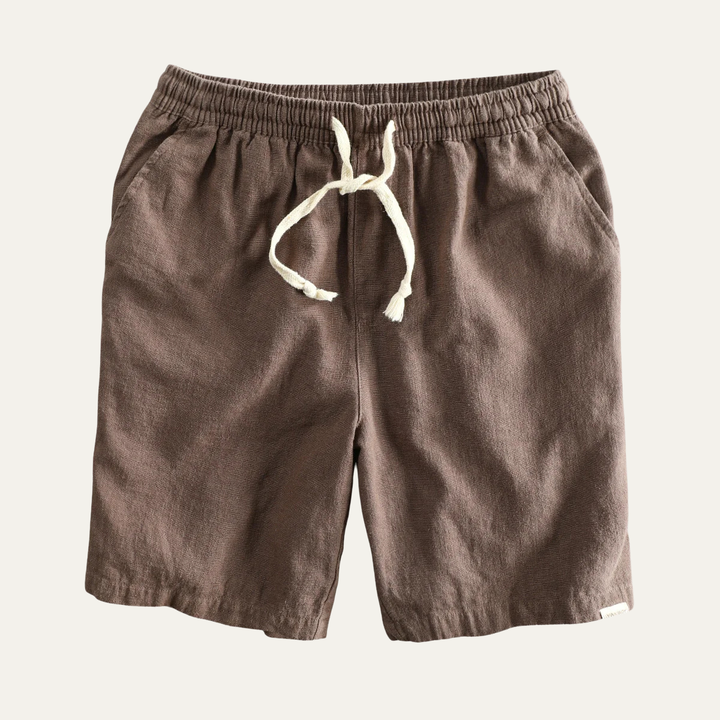 Brown linen beach shorts with drawstring waist, front flat lay product view