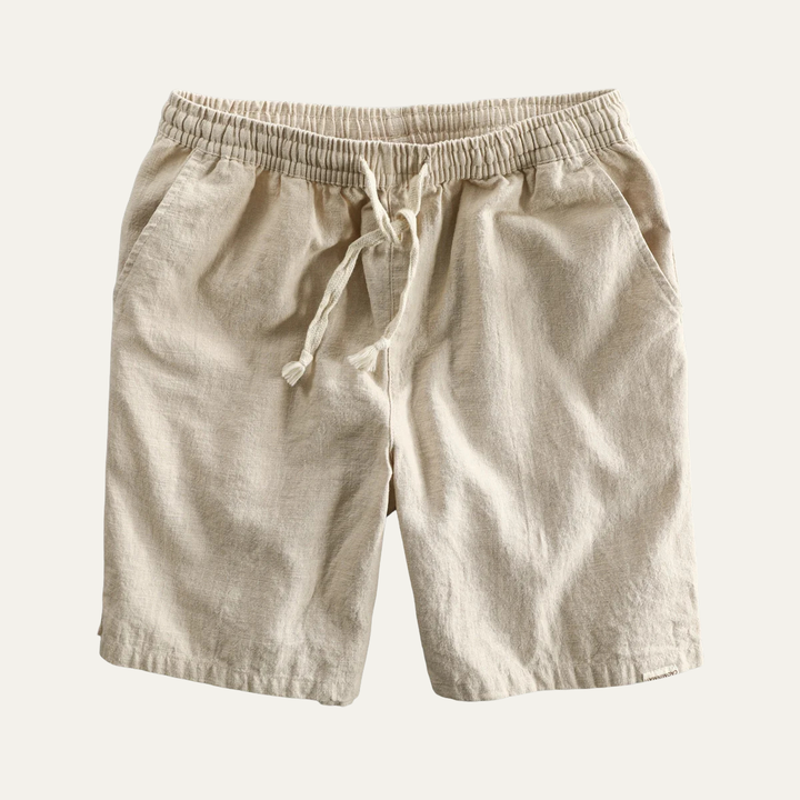 Beige linen beach shorts with drawstring waist, front flat lay product shot