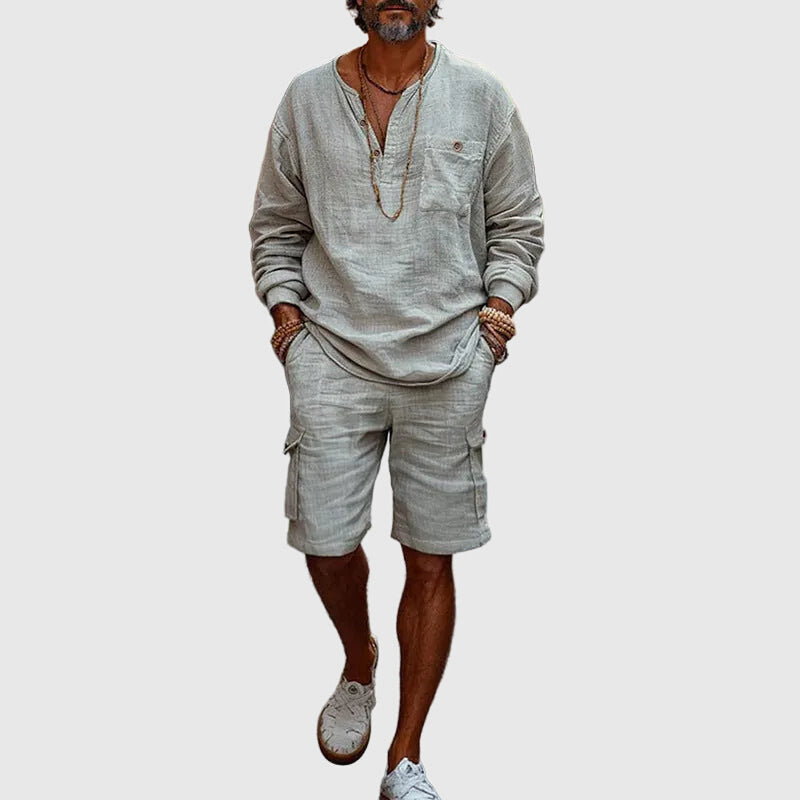 Men's light gray linen Henley shirt and cargo shorts set with long sleeves