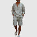 Men's light gray linen Henley shirt and cargo shorts set with long sleeves