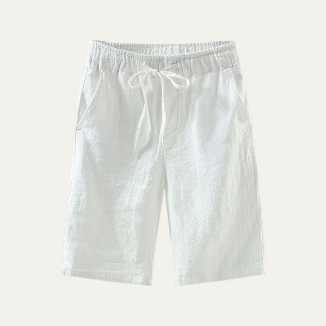 White linen knee length shorts with drawstring waist and relaxed fit