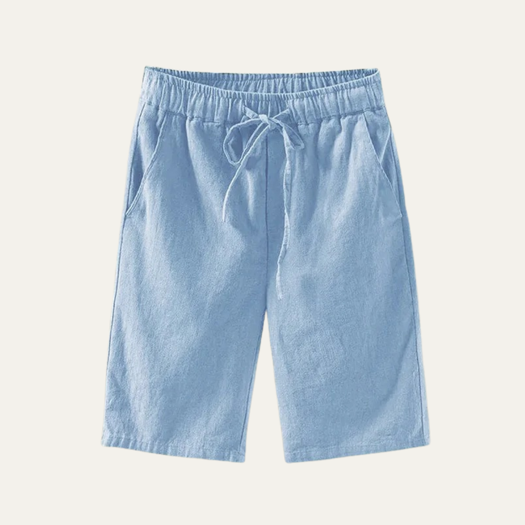Light blue linen knee length shorts with drawstring waist and side pockets