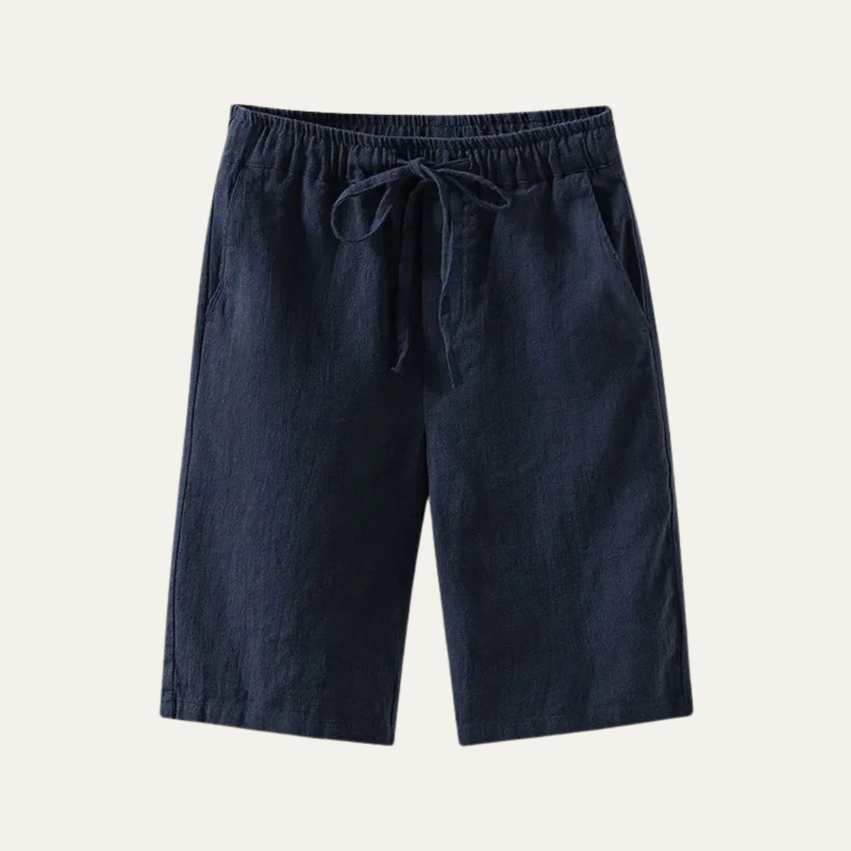 Navy linen knee length shorts with drawstring waist and casual summer style