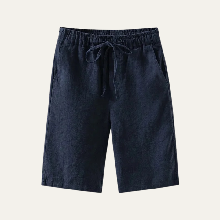 Navy linen knee length shorts with drawstring waist and casual summer style