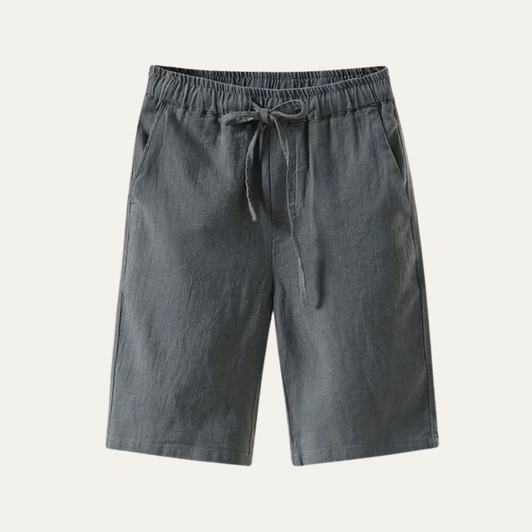 Charcoal gray linen knee length shorts with drawstring waist and relaxed fit