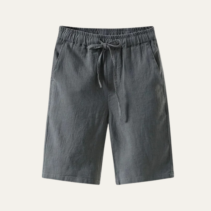 Charcoal gray linen knee length shorts with drawstring waist and relaxed fit