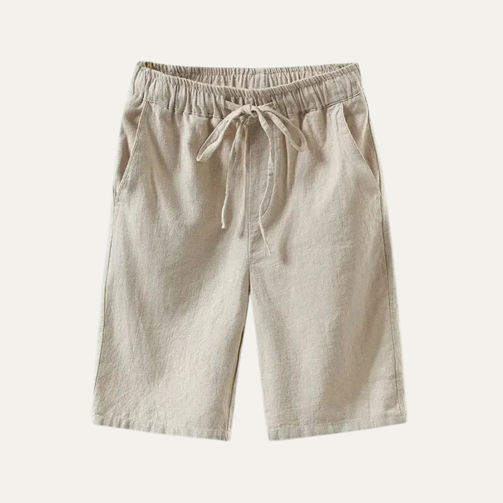 Beige linen knee length shorts with drawstring waist, front view summer shorts