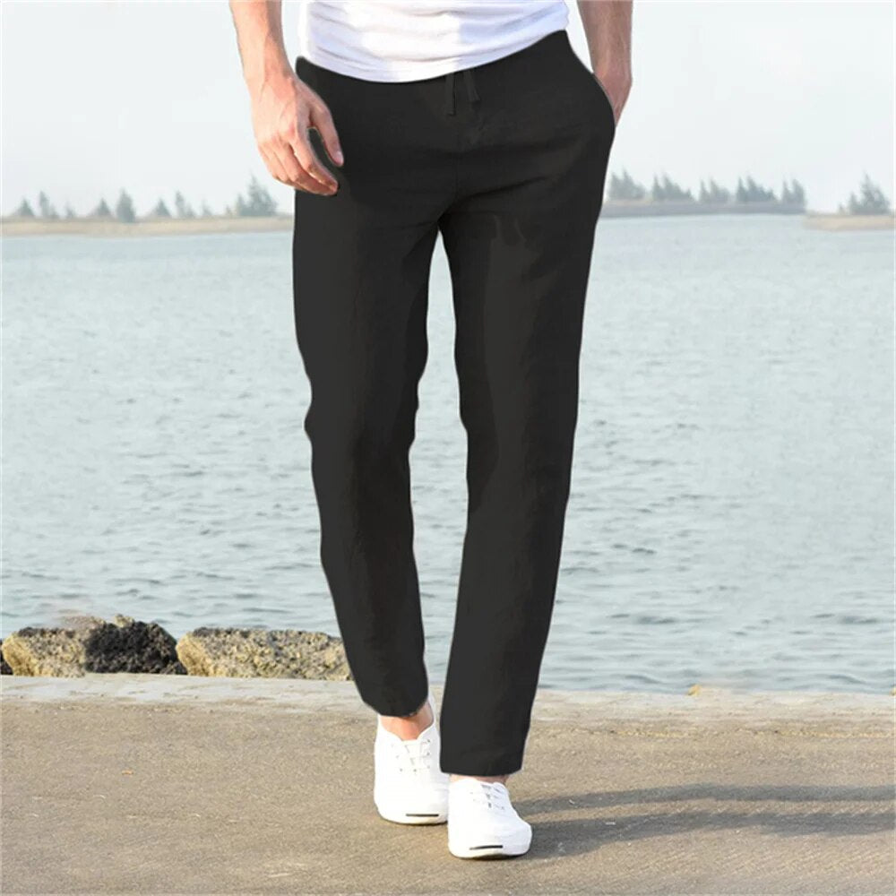 Black men's linen pants with straight leg cut and casual drawstring summer slacks