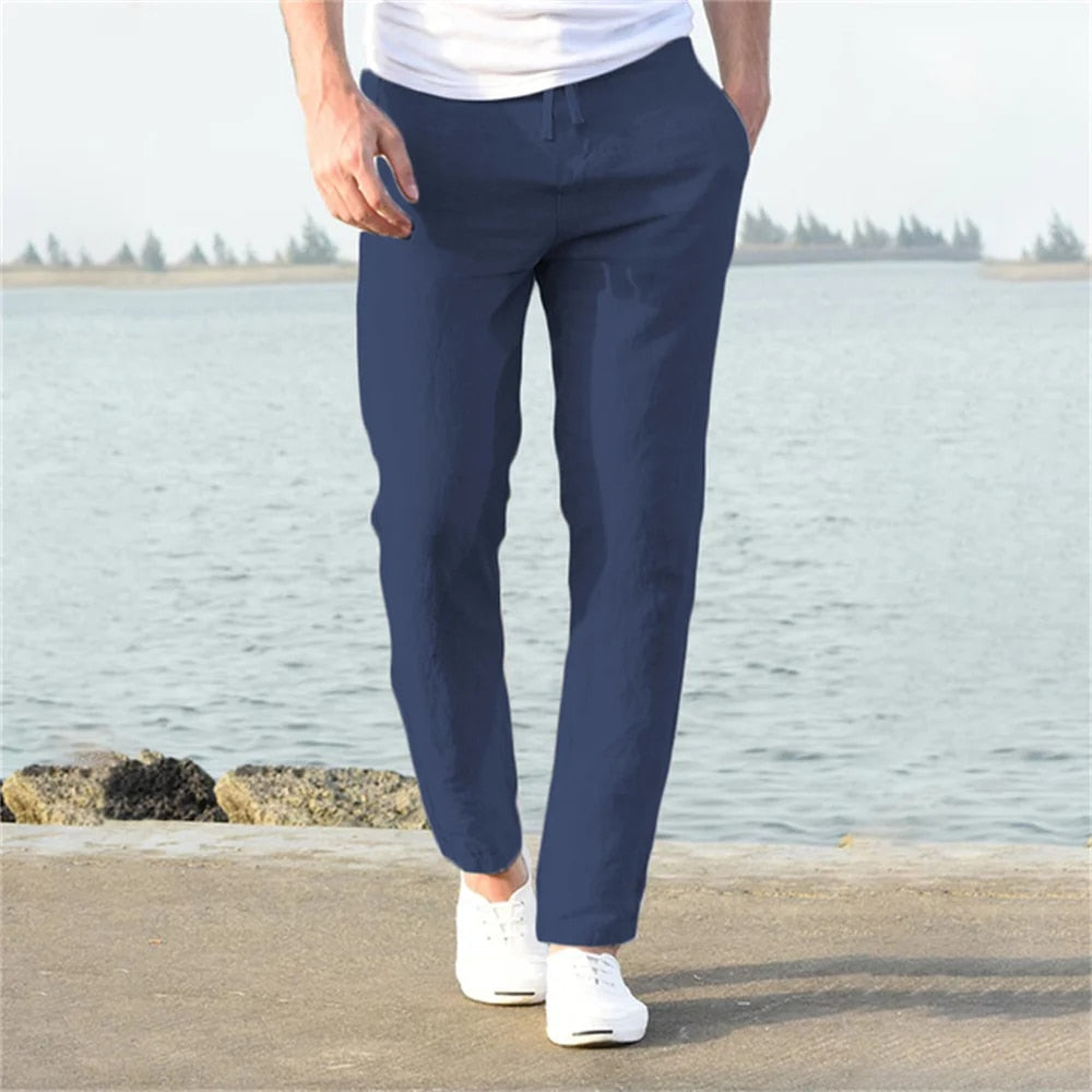 Navy men's linen pants with relaxed fit and straight leg summer slacks style