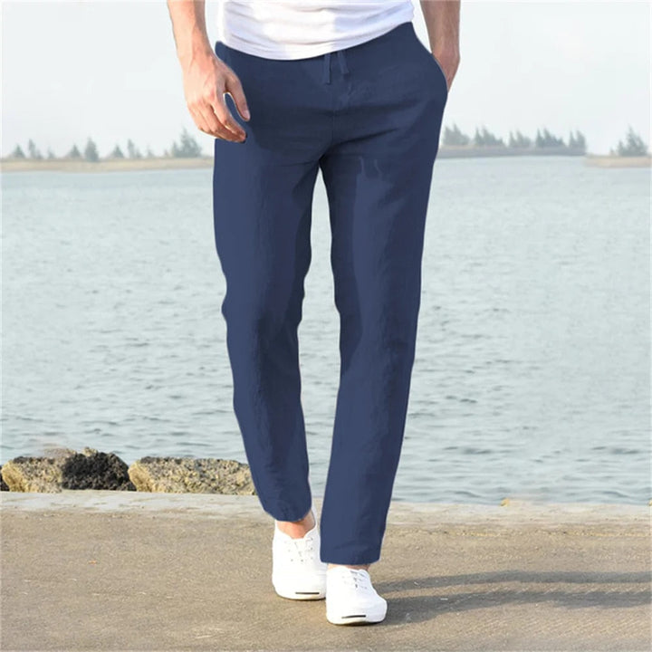 Navy men's linen pants with relaxed fit and straight leg summer slacks style