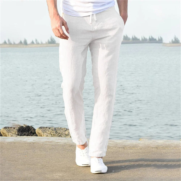 White men's linen pants with drawstring waist and straight leg casual summer slacks