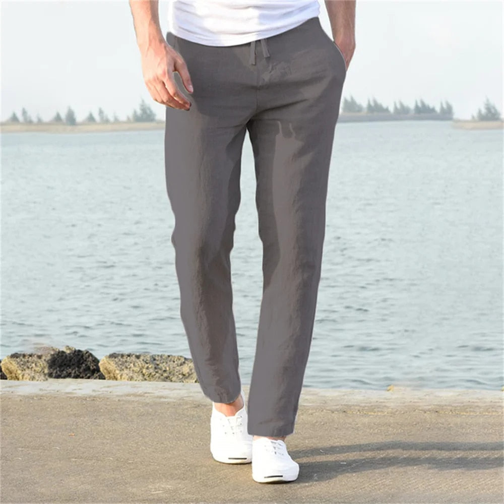 Gray men's linen pants with casual drawstring waist and straight leg summer slacks