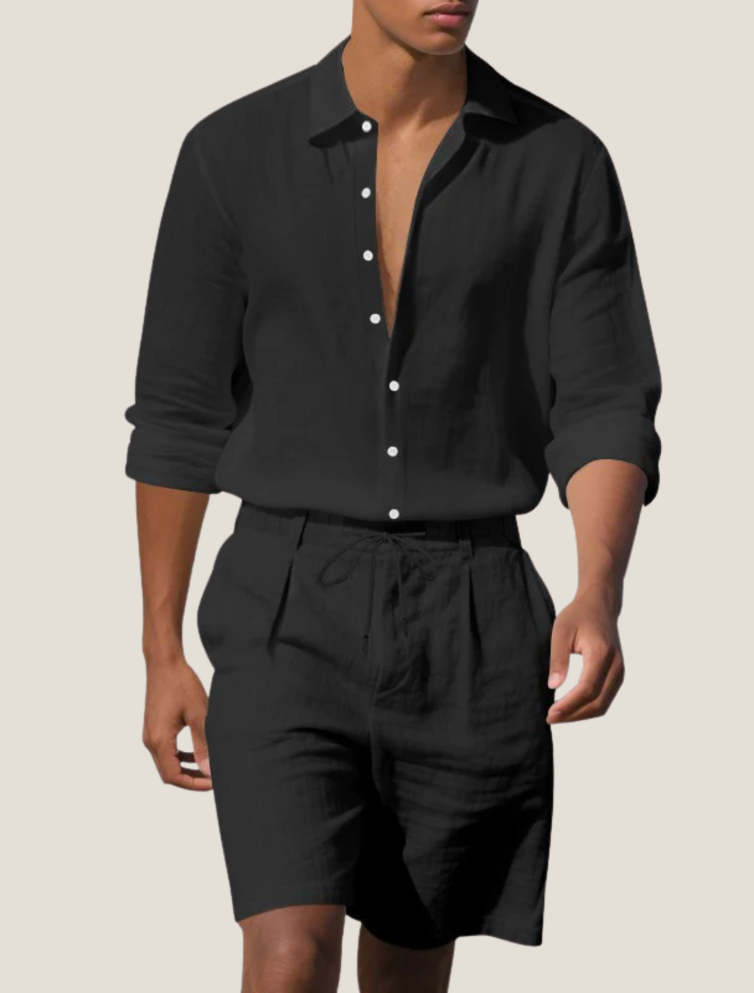 Black men linen shirt and shorts set with open collar and relaxed fit shorts