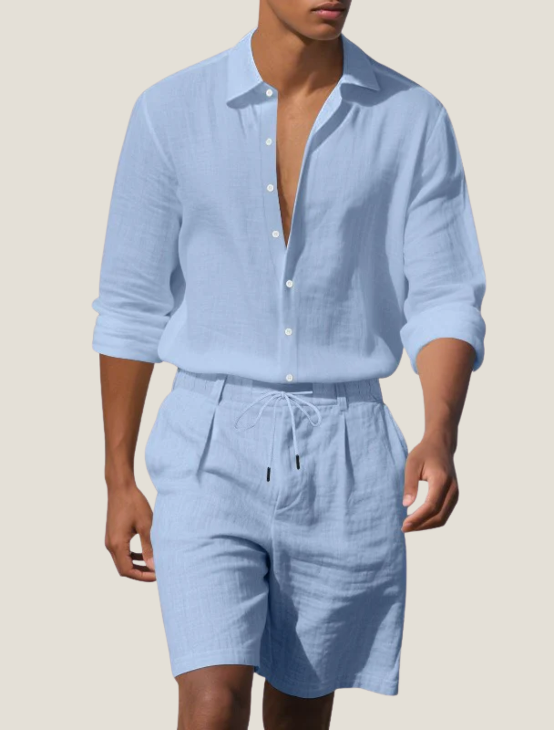 Light blue men linen shirt and shorts set with button front and knee-length shorts