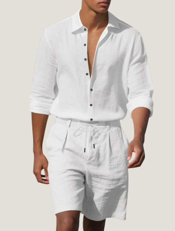 White men linen shirt and shorts set with rolled sleeves and elastic waist shorts