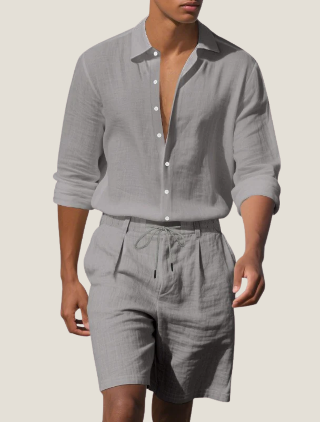 Gray men linen shirt and shorts set with open neckline and textured casual shorts